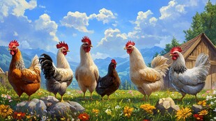 田园中多彩鸡群的悠然景象