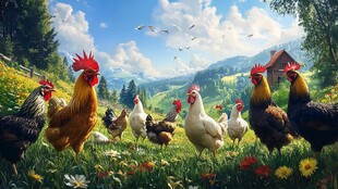 田园中漫步的多彩鸡群