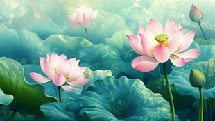 梦幻粉荷绽放于碧叶间