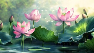 梦幻粉色荷花绽放于水面