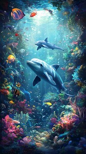 梦幻海底世界中的海豚与鱼