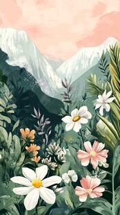 山间烂漫花卉风景插画
