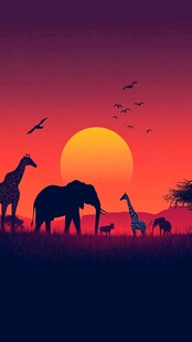 非洲草原动物的黄昏剪影