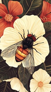 花朵上的多彩蝇