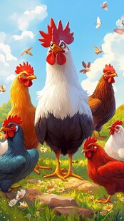 一群多彩鸡在田园中相聚