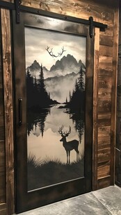 复古风山水鹿图案谷仓门