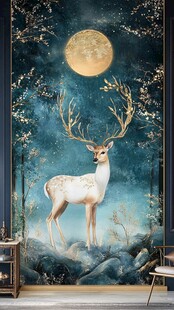 月夜下的梦幻白鹿壁画