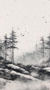 雪林飞鸟水墨意境图
