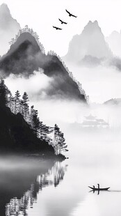 水墨山水间的孤舟飞鸟