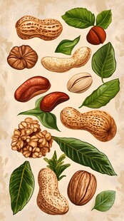多彩坚果与绿叶插画