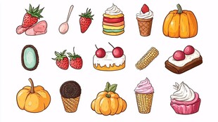 缤纷甜点与秋日果蔬插画