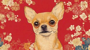 吉娃娃于中式花卉背景中