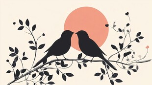 双鸟相依于枝间落日下