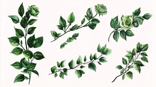 手绘绿玫瑰枝叶素材