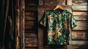 木质背景上的热带风印花T恤