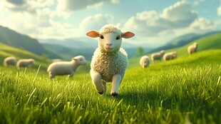 小羊欢跑在绿野牧场景象