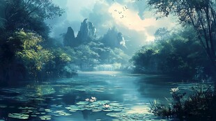 梦幻森林中的静谧湖水