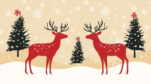 圣诞红鹿与雪松雪景图