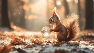 阳光下松鼠捧透明圆球