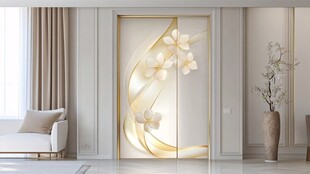 奢华金白花卉艺术玻璃移门