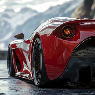 红色超跑车尾特写