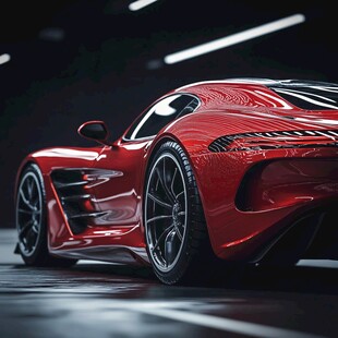 炫酷红色跑车侧后方特写