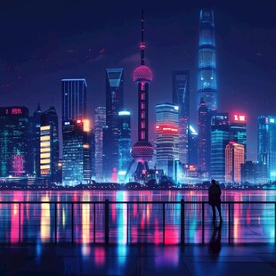 上海外滩璀璨夜景下的身影