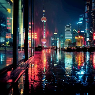 上海雨夜外滩璀璨城市景