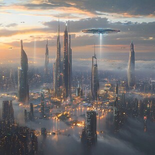 未来都市上空的神秘飞行器