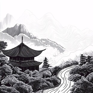 水墨山间古亭蜿蜒路