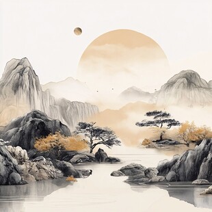 水墨山水间的落日之景