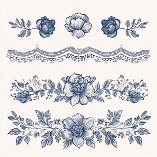 蓝调花卉蕾丝装饰图案集
