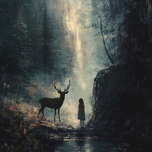 女孩与鹿的森林奇幻邂逅