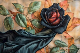 黑玫瑰与飘动黑绸的梦幻图景