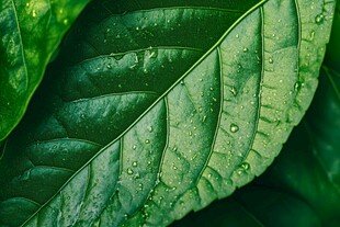 带水珠的翠绿叶片特写