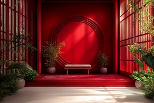 中式红墙绿植雅致空间