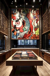 日式风格店内的大幅鱼壁画