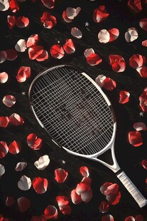网球拍与散落玫瑰花瓣