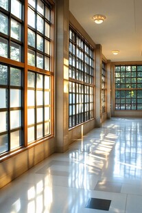 阳光洒落的明亮走廊空间