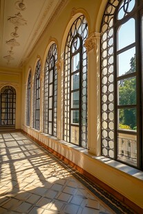 欧式长廊的拱形玻璃窗