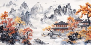 秋意山水间的中式建筑