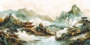 水墨山水间的古韵楼阁