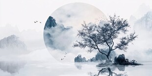 水墨山水孤树映月之景