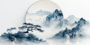 中式水墨山水圆形装饰画