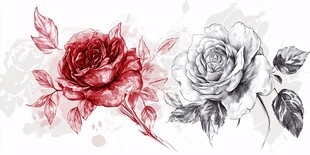 红黑白玫瑰手绘插画