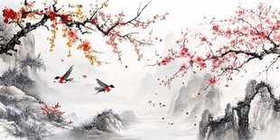 春日山水间双燕衔花图