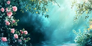梦幻蔷薇下的静谧湖水