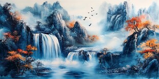 水墨山水间的壮丽瀑布景