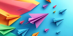 彩色纸飞机的梦幻飞行场景