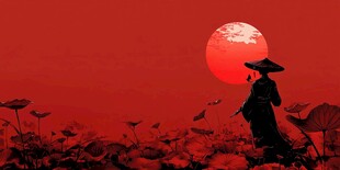 红衣侠客赏红月荷景